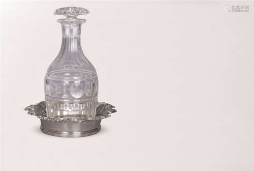 1900年 英国手工切割白兰地玻璃酒瓶配银托盘