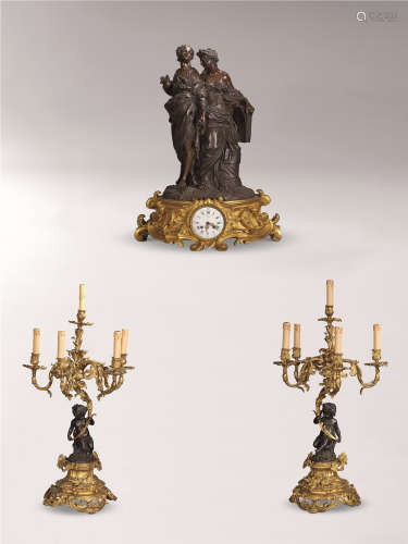 1860年 19世纪法国洛可可风格鎏金铜像钟组合 （三件套）
