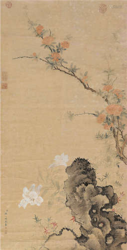 邹一桂（1688～1772） 榴花湖石图 镜片 设色纸本