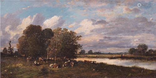 维克多·莱昂·杜普蕾（1816～1879） 河岸边的牛群 木板油画