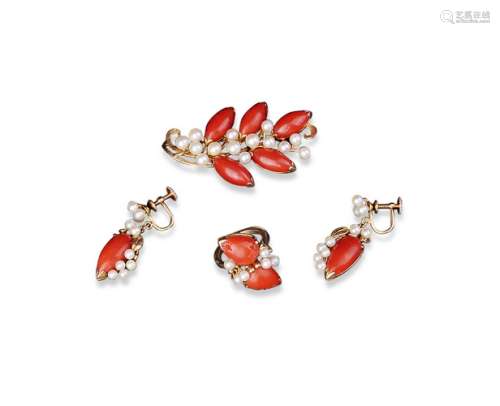 珊瑚镶珍珠胸针·耳环·戒指