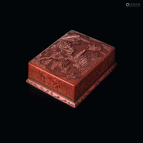 LARGE 'PEACH FESTIVAL' CINNABAR LACQUER BOX AND COVER