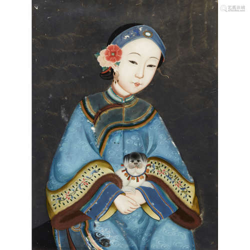 REVERSE GLASS PAINTING OF A LADY HOLDING A PUPPY