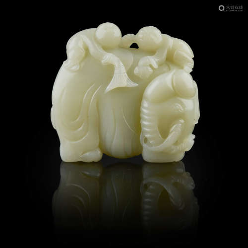CELADON JADE CARVING OF TWO BOYS WASHING AN ELEPHANT
