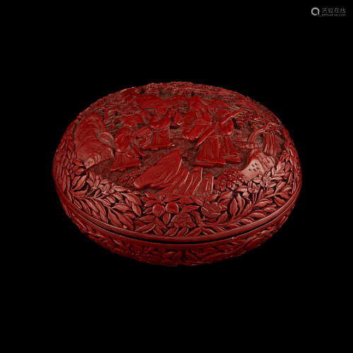 CINNABAR LACQUER 'EIGHT IMMORTALS' CIRCULAR BOX AND COVER