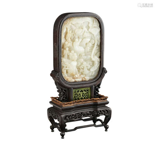 CARVED WHITE JADE PLAQUE MOUNTED AS A TABLE SCREEN