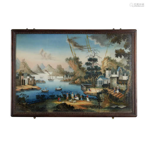 RARE AND EXCEPTIONALLY LARGE EUROPEAN SUBJECT REVERSE GLASS 'PORT' PAINTING