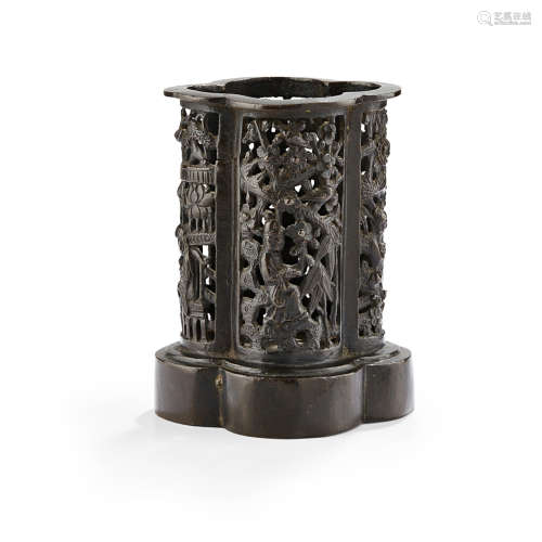 BRONZE RETICULATED QUATREFOIL BRUSHPOT, BITONG