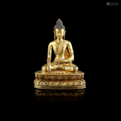 SINO-TIBETAN GILT BRONZE FIGURE OF BUDDHA SHAKYAMUNI