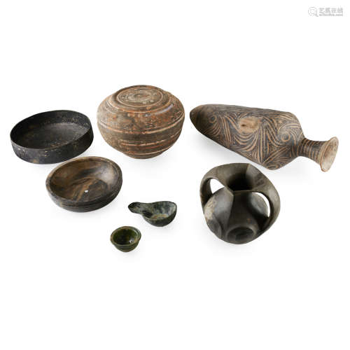 GROUP OF FIVE ARCHAISTIC EARTHENWARE ARTICLES