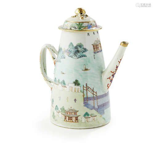 FAMILLE ROSE 'MOON ABOVE THE EAST LAKE' COFFEE POT AND COVER