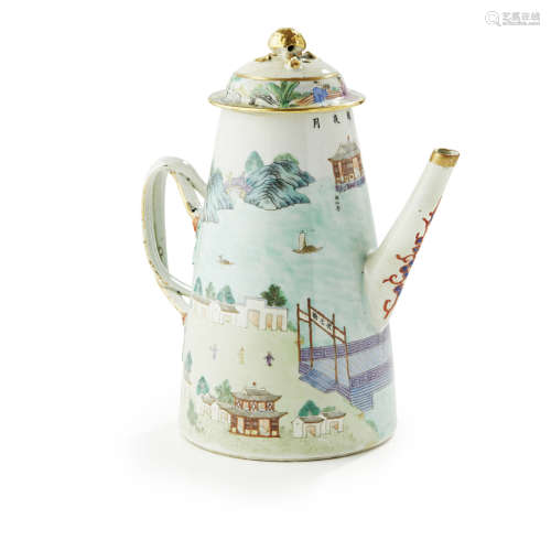 FAMILLE ROSE 'MOON ABOVE THE EAST LAKE' COFFEE POT AND COVER