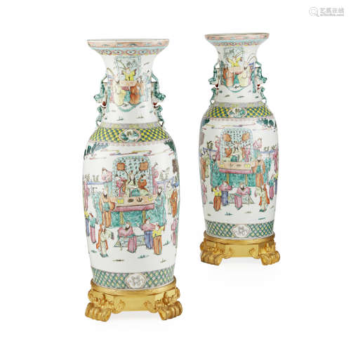 PAIR OF ORMOLU-MOUNTED FAMILLE VERTE VASES