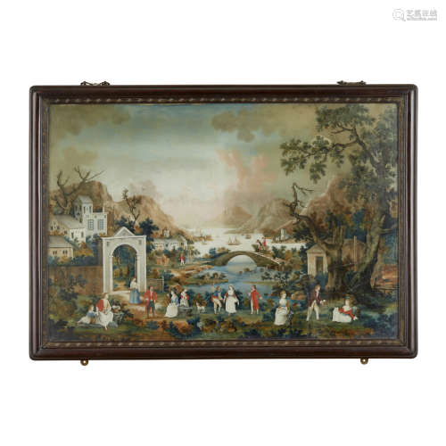RARE AND EXCEPTIONALLY LARGE EUROPEAN SUBJECT REVERSE GLASS 'PORT' PAINTING