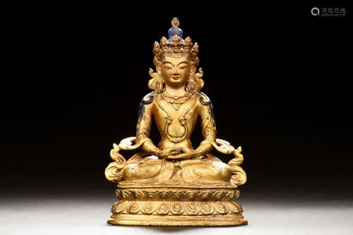 GILT BRONZE SEATED GUANYIN FIGURE