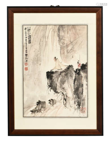 FU BAOSHI: FRAMED INK AND COLOR ON PAPER PAINTING 'MOUNTAIN SCENERY'