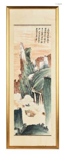 ZHANG DAQIAN: FRAMED INK AND COLOR ON PAPER PAINTING 'MOUNTAIN SCENERY'