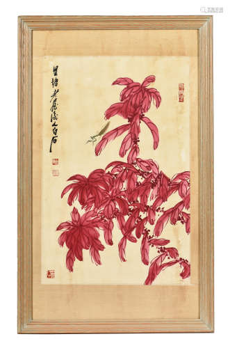 QI BAISHI: FRAMED INK AND COLOR ON PAPER PAINTING 'FLOWERS AND MANTIS'