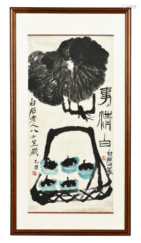 QI BAISHI: FRAMED INK AND COLOR ON PAPER PAINTING 'VEGETABLES'