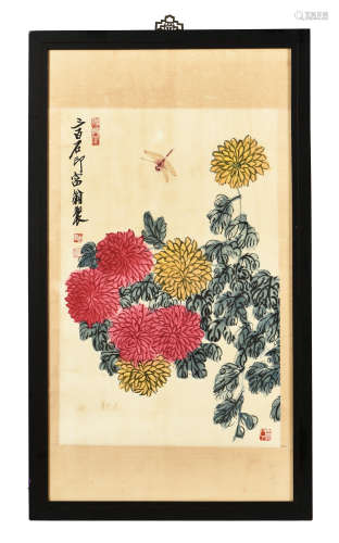 QI BAISHI: FRAMED INK AND COLOR ON PAPER PAINTING 'FLOWERS AND DRAGONFLY'