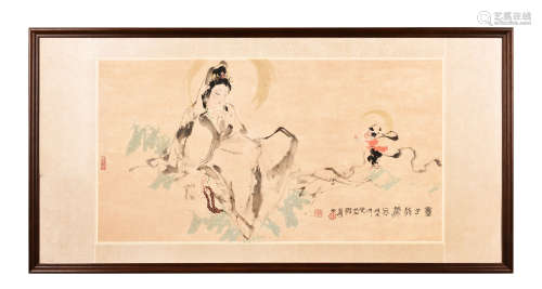 A FRAMED INK ON PAPER PAINTING 'GUANYIN'