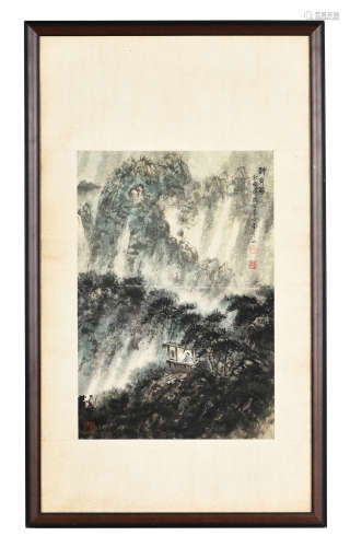 FU BAOSHI: FRAMED INK ON PAPER PAINTING 'MOUNTAIN'