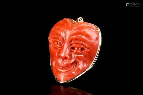 14K YG RED CORAL CARVED 'SUN WUKONG' PENDANT