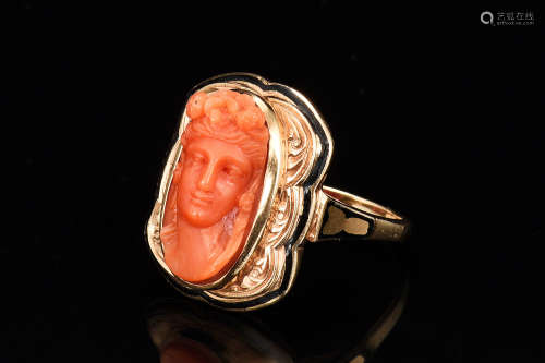 14K YG CORAL CARVED 'LADY' RING