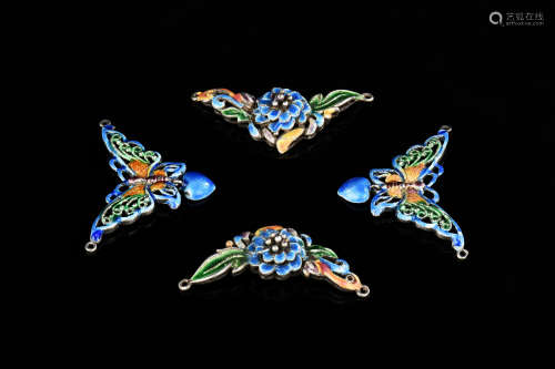 FOUR CLOISONNE ENAMELED AND SILVER FILIGREE ORNAMENTS