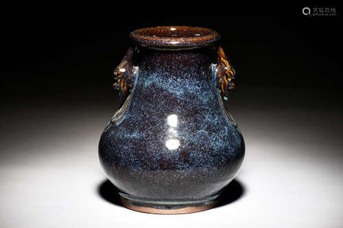 BLUE GLAZED VASE WITH HANDLES