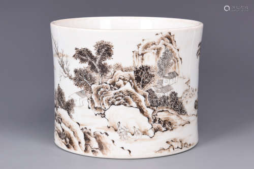 GRISAILLE PAINTED 'LANDSCAPE SCENERY' BRUSH POT