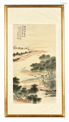 WU HUFAN: FRAMED INK ON PAPER PAINTING 'RIVERSIDE SCENERY'