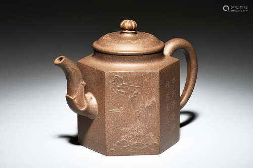 YIXING ZISHA TEAPOT 'LANDSCAPE AND CALLIGRAPHY'