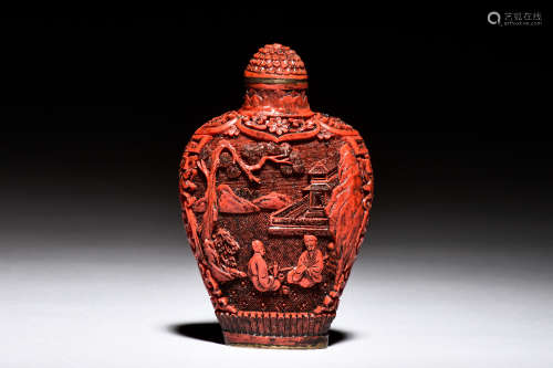 CINNABAR LACQUER CARVED SNUFF BOTTLE