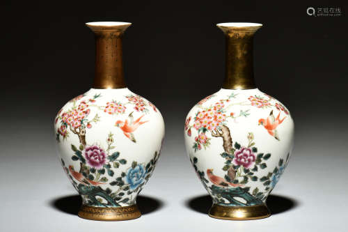 PAIR OF FAMILLE ROSE 'FLOWERS AND BIRDS' VASES