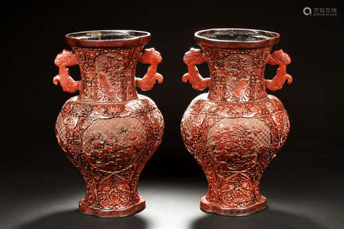 PAIR OF CINNABAR LACQUER CARVED VASES