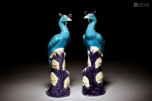 PAIR OF GLAZED AND CARVED PEACOCKS