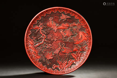 CINNABAR LACUQER CARVED 'CRANES' DISH