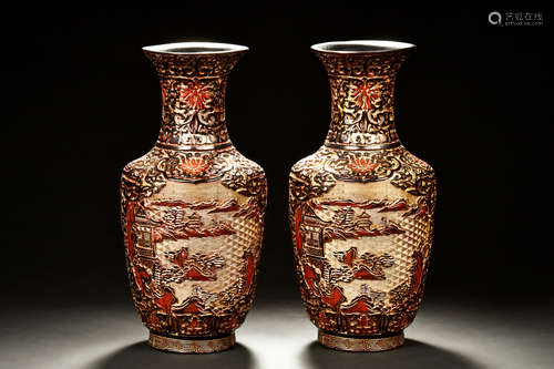 PAIR OF LACQUER CARVED 'LANDSCAPE' VASES