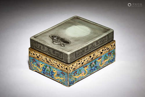 CARVED INKSTONE AND CLOISONNE ENAMELED BOX