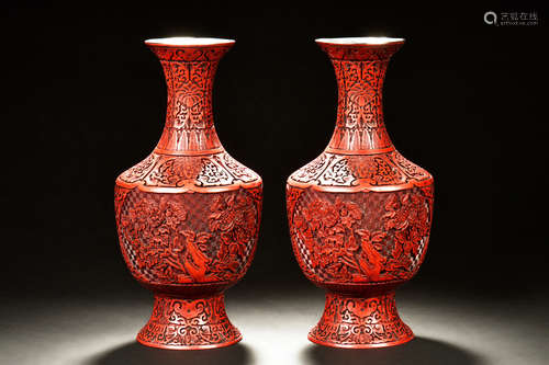 PAIR OF CINNABAR LACQUER CARVED 'FLOWERS' VASES