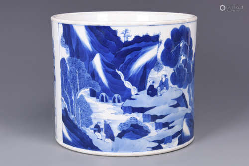 BLUE AND WHITE 'LANDSCAPE' BRUSH POT