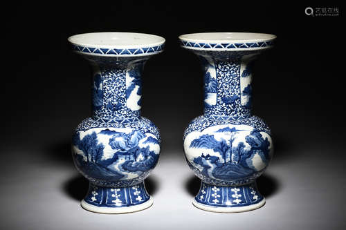 PAIR OF BLUE AND WHITE OPEN MEDALLION 'LANDSCAPE SCENERY' VASES