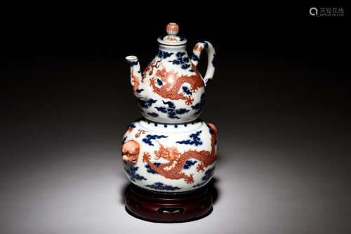 BLUE AND WHITE UNDERGLAZED RED TWO-SECTION WINE EWER