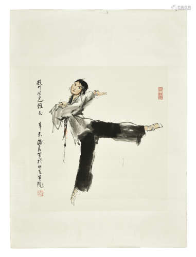 SHI GUOLIANG: INK AND COLOR ON PAPER PAINTING 'DANCER'