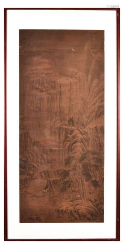A FRAMED PAINTING ON SILK 'MOUNTAIN SCENERY'