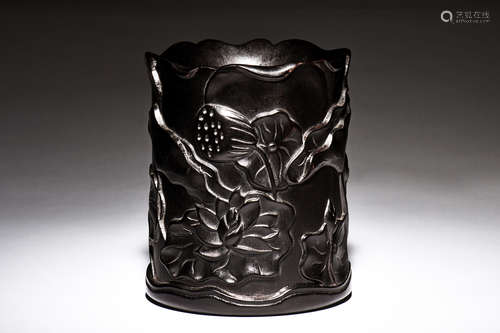 WOOD CARVED 'LOTUS FLOWERS' BRUSH POT