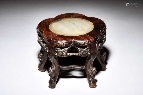 WOOD CARVED AND STONE INSET STOOL