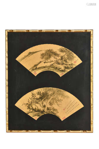 WEN JIA: FRAMED INK ON GOLDEN FAN LEAF PAINTING