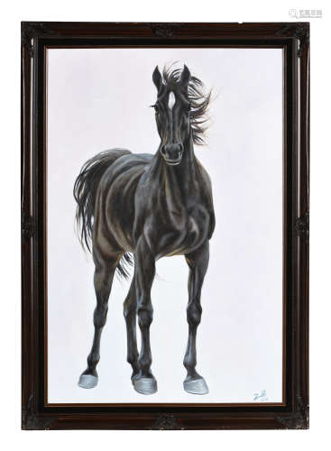 WANG YUE: FRAMED INK AND COLOR ON PAPER PAINTING 'HORSE'